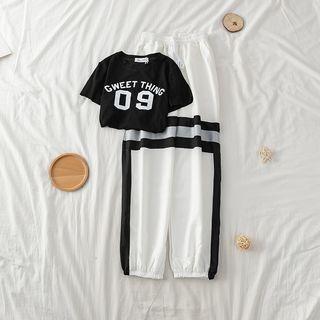 Short-sleeve Lettering T-shirt / Color Block Sweatpants