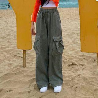 High Waist Cargo Plain Wide Leg Pants