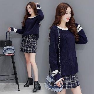 Set: Contrast-trim Knit Top + Plaid Skirt