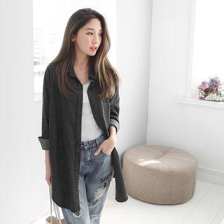 Dark Distressed Denim Longline Shirt Jacket