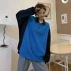 Striped Two-tone Collared Sweatshirt