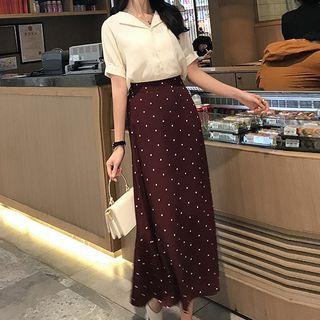 Set: Short-sleeve Shirt + Polka Dot A-line Midi Skirt