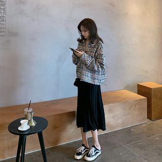 Tweed Button Jacket / Spaghetti Strap Midi A-line Dress / Set