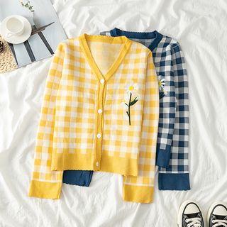 Flower Embroidered Gingham Knit Cardigan