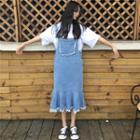 Fray Hem Midi Dungaree Dress