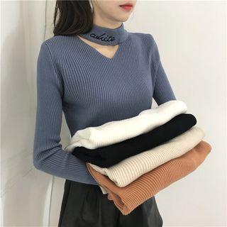 Long-sleeve Cutout Letter Embroidered Knit Top