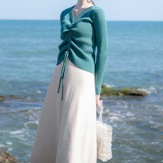 Set: Drawstring Knit Top + A-line Midi Skirt