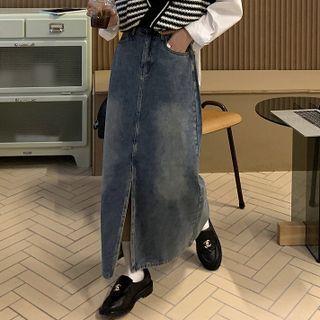Slit Denim Maxi A-line Skirt
