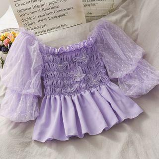 Boatneck Butterfly-accent Smocked Crop Top