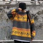 Color Block Patterned Round Neck Sweater