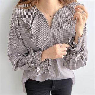 Open-placket Ruffle-trim Checked Blouse