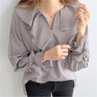 Open-placket Ruffle-trim Checked Blouse
