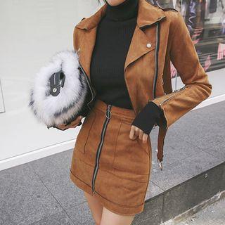 Set: Faux-suede Biker Jacket + Zipped Mini Skirt
