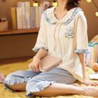 Loungewear Set : Peter Pan Collar Print Elbow-sleeve T-shirt + Pants