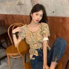 Short-sleeve Floral Print Blouse Floral - Yellow - One Size