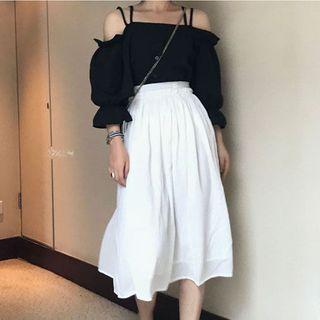 Set: 3/4-sleeve Cold Shoulder Top + Midi Chiffon Skirt