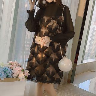 Fringed Long-sleeve Chiffon Dress
