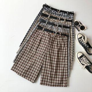 High-waist Plaid Straight Leg Shorts With Belt