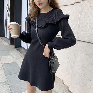 Balloon-sleeve Ruffled Perforated A-line Dress