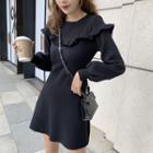 Balloon-sleeve Ruffled Perforated A-line Dress