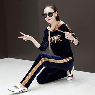 Set: Lettering Striped Hoodie + Drawstring Straight-fit Pants