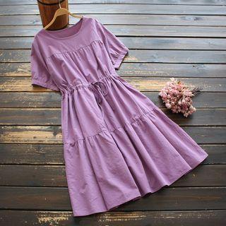 Short-sleeve Drawstring-waist Tiered Midi A-line Dress