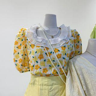 Round-neck Ruffle Trim Puff Short-sleeve Floral Top