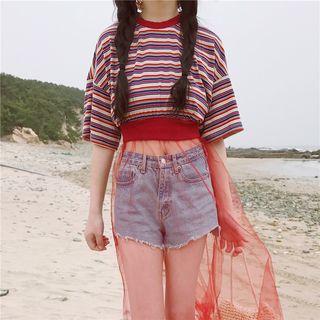 Sheer Panel Short-sleeve Striped T-shirt