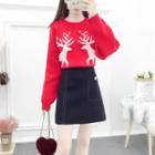 Reindeer Print Sweater / A-line Mini Skirt / Set
