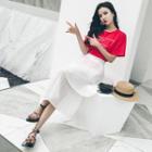 Set: Lettering Short-sleeve T-shirt + Tiered Midi Skirt