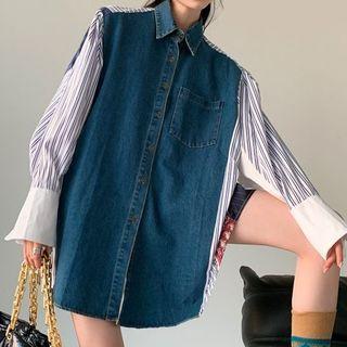 Striped Denim Panel Shirt Blue & White - One Size