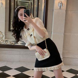 Puff-sleeve Ribbon Blouse / Mini A-line Skirt