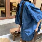 Elbow-sleeve Striped Denim Shirt Blue - One Size