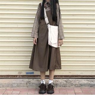 Plain Midi A-line Overall Dress Coffee - One Size