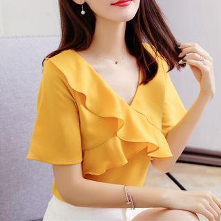 Short-sleeve V-neck Ruffle Top