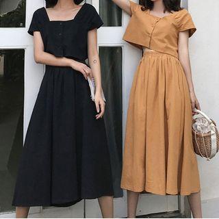 Set: Short-sleeve Cropped Blouse + Midi A-line Skirt