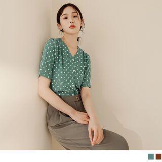 Short Sleeve V-neck Dotted Print Chiffon Shirt