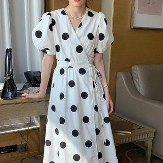 Puff-sleeve V Neck Panel Faux Pearl Wrap Dot Pattern Dress
