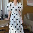 Puff-sleeve V Neck Panel Faux Pearl Wrap Dot Pattern Dress