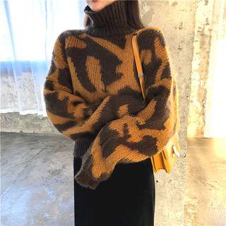Mock Neck Long Sleeve Printed Knit Top As Shown In Figure - One Size