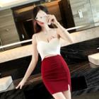 Spaghetti-strap Two-tone Sheath Mini Cocktail Dress