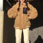 Lettering Hooded Fleece Jacket Brown - One Size