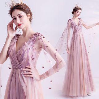 Sleeveless Caped Floral Applique A-line Gown