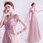 Sleeveless Caped Floral Applique A-line Gown