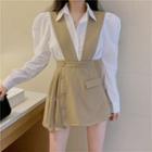 Long-sleeve Shirt / Mini A-line Suspender Skirt