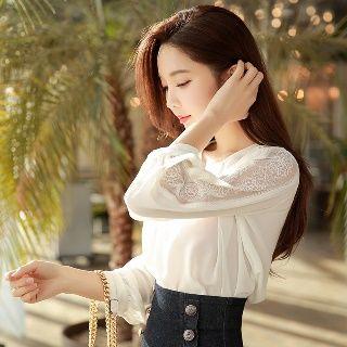 3/4-sleeve Lace Accent Chiffon Shirt