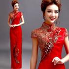 Cap-sleeve Embellished Sheath Evening Gown
