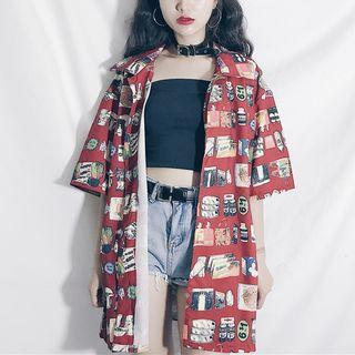 Elbow-sleeve Print Shirt As Shown In Figure - One Size