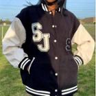 Lettering Color-block Loose-fit Bomber Jacket