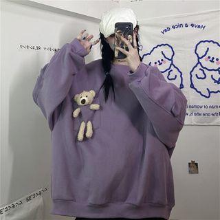 Cartoon Bear Round Neck Plain Pullover